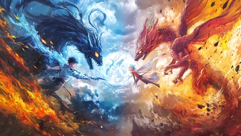 Elemental duel with dragons and mages in mirrored combat.