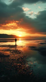Solitary figure watching vivid sunset over tidal flats.