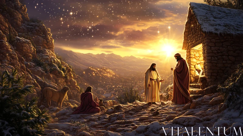 Nativity hillside at sunrise with three figures and starfield glow
