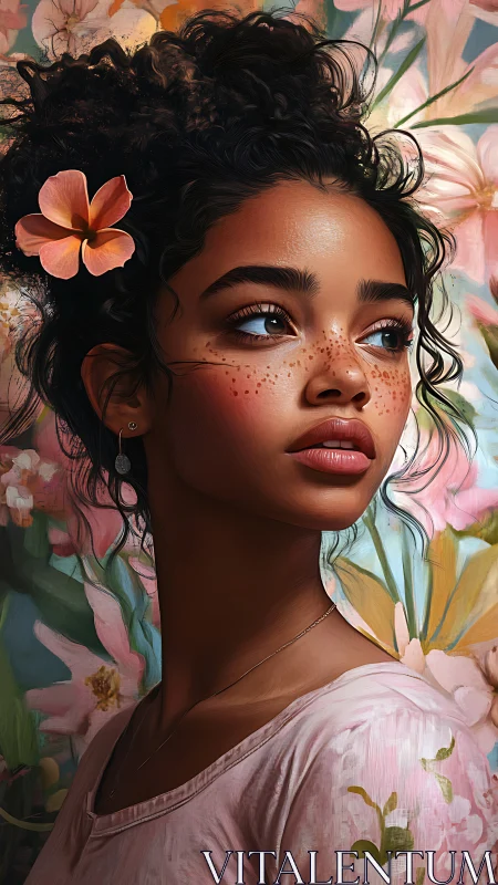 Soft freckled muse framed by dreamy painted blossoms.