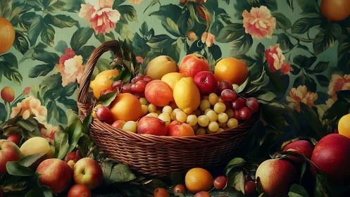 Woven fruit basket anchors a saturated floral still life study