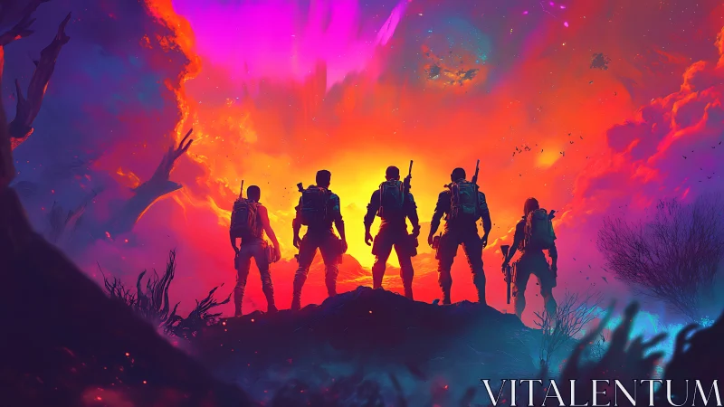Squad silhouettes facing nebular sunset on alien ridge
