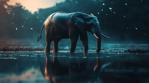 Nocturnal wetland elephant with reflective water surface