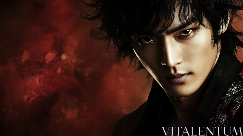 Intense male portrait with dramatic chiaroscuro and textured bokeh background