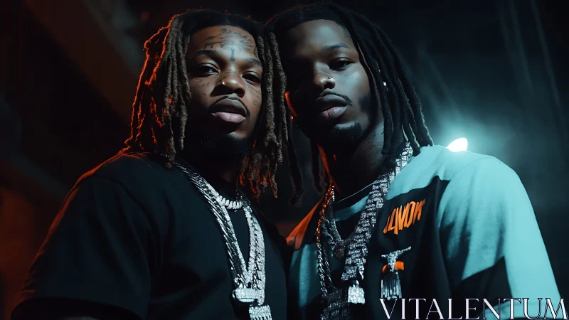 Urban portrait duo under moody blue backlight at night.