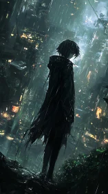 Solitary hooded figure watches neon city drown in rain