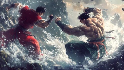 Two martial artists clash in explosive ocean waves
