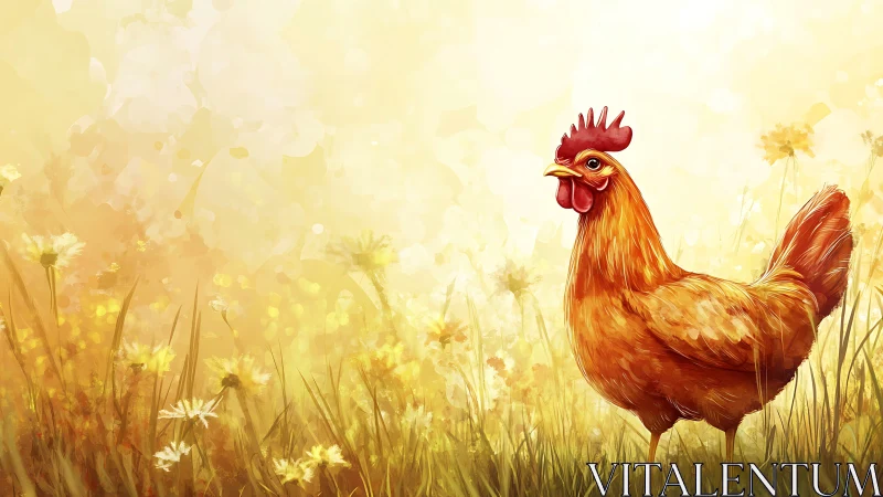 Rooster in Field with Wildflowers and Yellow Background.