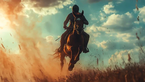 Horse and rider charge through dusty field at sunset.
