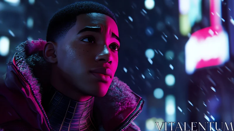 Thoughtful teen in neon city snow, wrapped in quiet wonder.