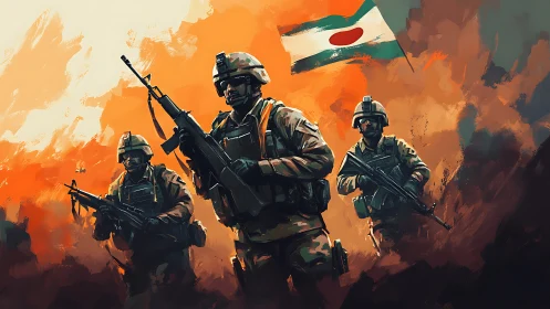 Storm-lit soldiers march beneath a proud rising sun flag.