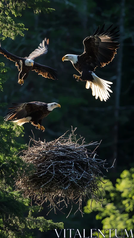 Three bald eagles circle a large stick nest in dense forest