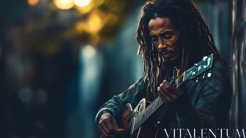 Man with guitar in shallow depth of field street setting.