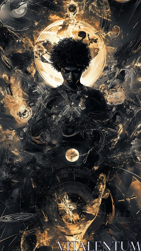 Central dark figure framed by luminous orbital halos and fractal debris