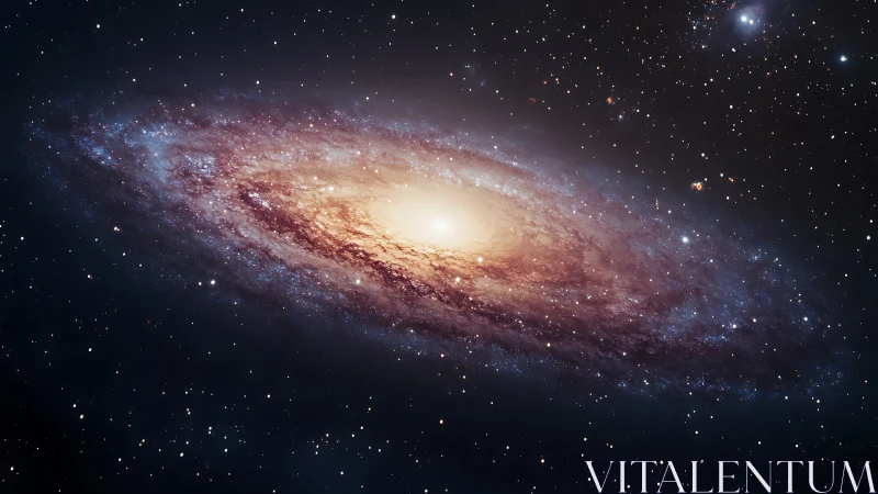 Spiral galaxy glows with dense golden core and blue arms.