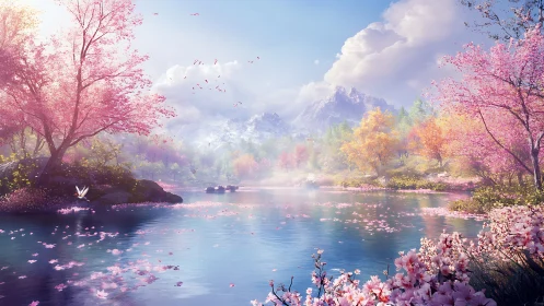 Spring lake landscape with blossoms, forest and mountains.