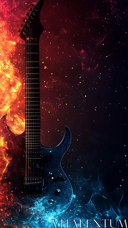 Electric guitar with fire and ice contrasting background.