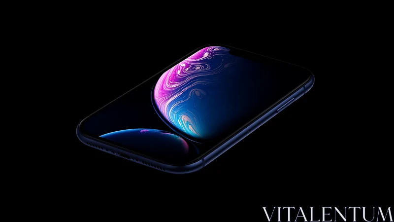 Premium smartphone displays morphing liquid gradient interface on obsidian surface.