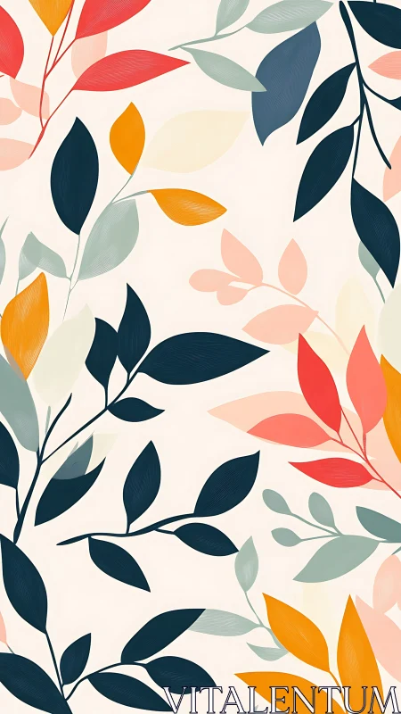 Colorful botanical leaves dance across soft cream background.
