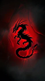 Black dragon silhouette over glowing red abstract background.