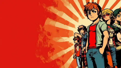 Stylized comic group posed against bold radial backdrop.