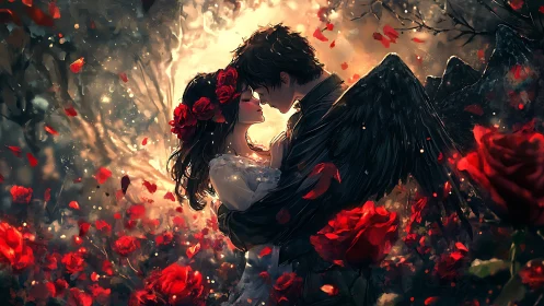 Winged Figure Embracing Among Rose Garden with Luminous Particle Effects
