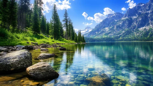 Mountain lake shoreline shows trees, rocks and reflections