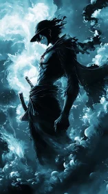 Storm-lit ronin carves a silhouette through ghostly blue clouds