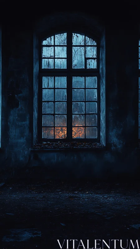 Cold derelict interior framing warm distant window fire