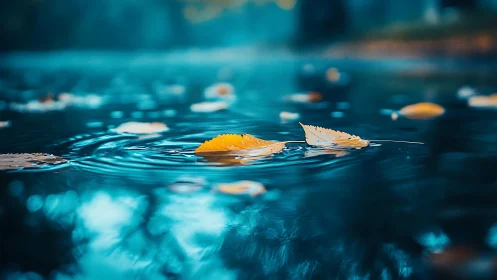 Autumn leaves drifting on blue water surface with ripples