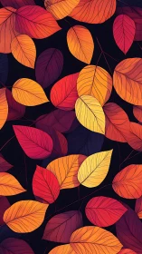 Overlapping autumn leaves display warm gradients on dark background