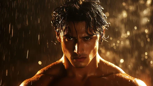 Cinematic low-key portrait of intense male figure in rain.
