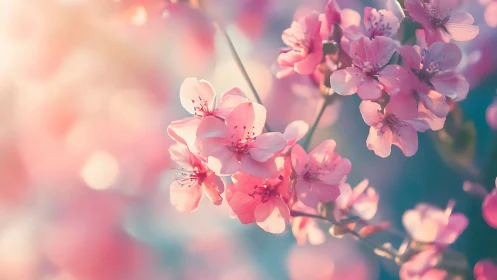 Pink spring blossoms in soft focus with warm golden sunlight