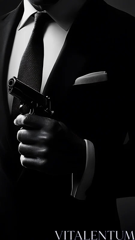 Suit-clad torso holds handgun in controlled, low-key lighting