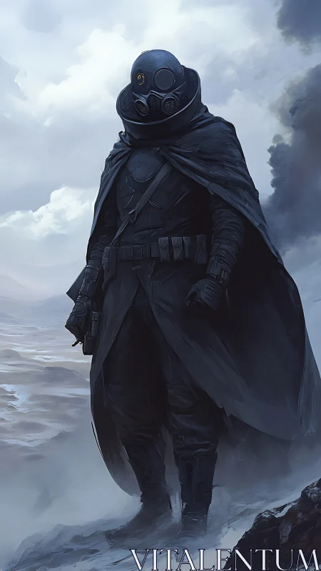 Masked desert sentinel stands in stormlit wasteland.