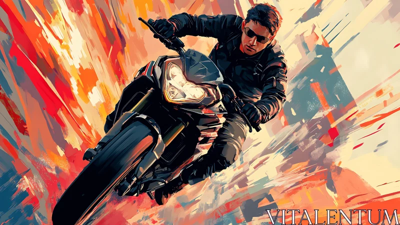 High-speed rider diving through bold streaks of vibrant color.
