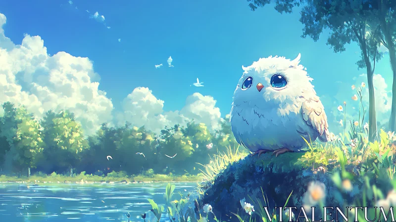 Cute fluffy owl on grassy hill in dreamy anime art style.