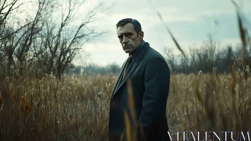 Solitary man in overcoat within muted winter marshland.