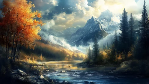 Mountain river cuts through autumn forest under bright clouds