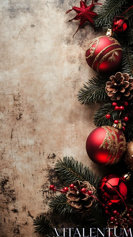 Vertical arrangement displays red ornaments and pine branches