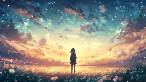 Lonely girl watches a glowing twilight sky fill with stars