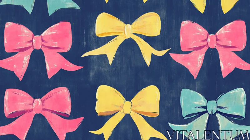 Patterned arrangement of colored bows on dark ground.