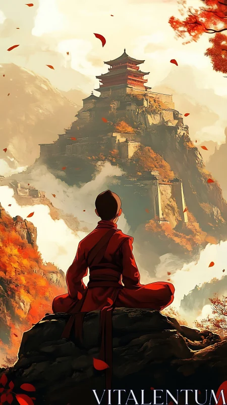 Monk in red robes observing tiered mountain temple complex.