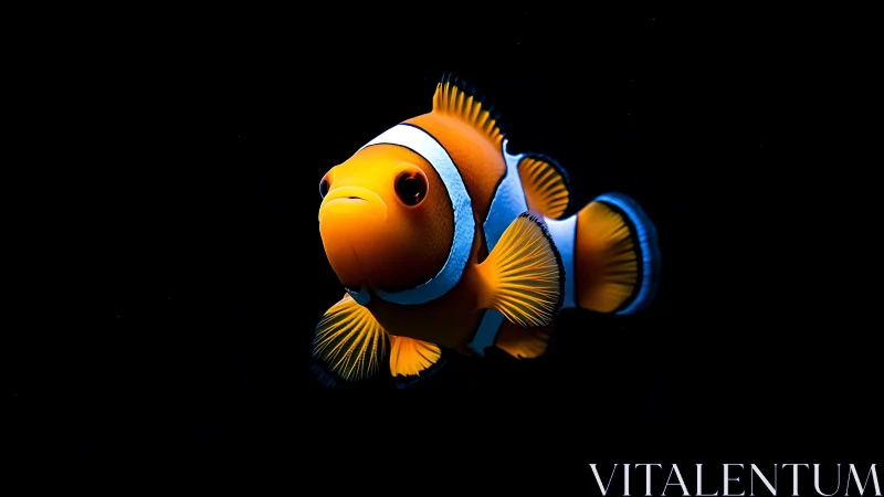 Vivid clownfish portrait isolated in dramatic black water.