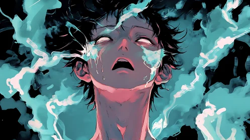 Neon-lit anguished portrait isolates a figure in vapor turbulence