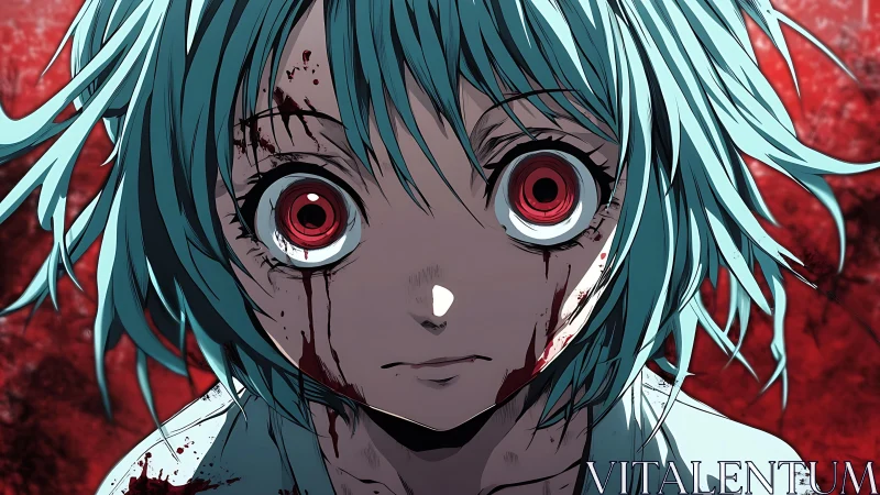 Bloodlit stare of the unblinking girl in crimson silence.