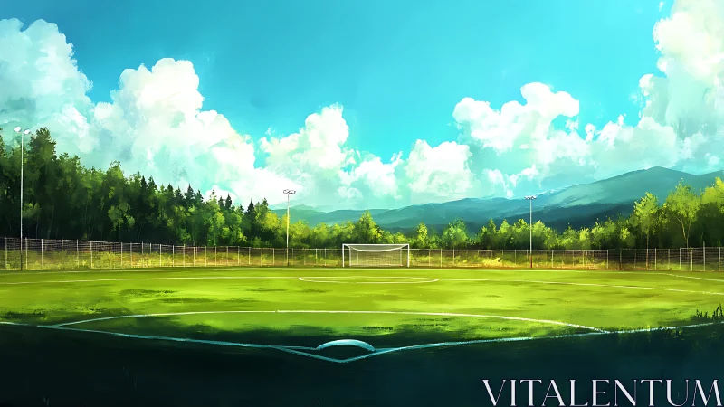 Digital painting of sunlit rural soccer pitch in panorama.