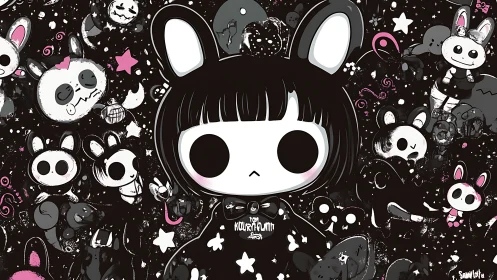 Gothic bunny girl character stands among spooky rabbit icons