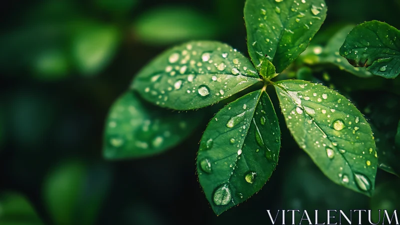 Rain-dotted green leaves capture morning light sharply