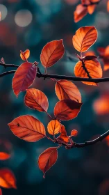 Autumn leaves glow against deep teal bokeh background.